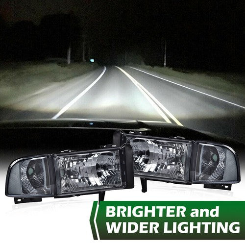 Solid Spare Fit For 94-02 Dodge Ram 1500 2500 3500 Smoke Lens Clear Corner Headlights