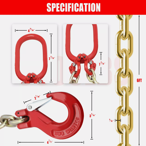 2PCS 5/16"x6' G80 Chain Lifting Sling 2 Legs 3T/6600lbs Capacity w/ Grab Hooks