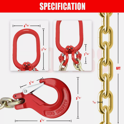2PCS 5/16"x6' G80 Chain Lifting Sling 2 Legs 3T/6600lbs Capacity w/ Grab Hooks