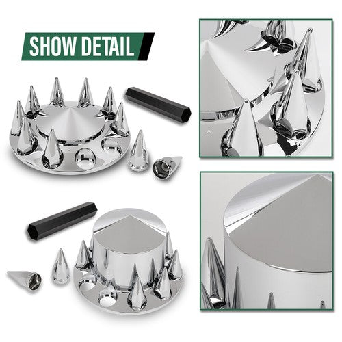 Solid Spare Chrome Hub Cover Kit 33mm Front & Rear Semi Truck Wheel Axle Covers Spiked