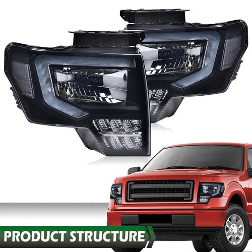 Solid Spare Fit For 2009-2014 Ford F-150 F150 Headlights Black/Smoke LED DRL Head Lamps