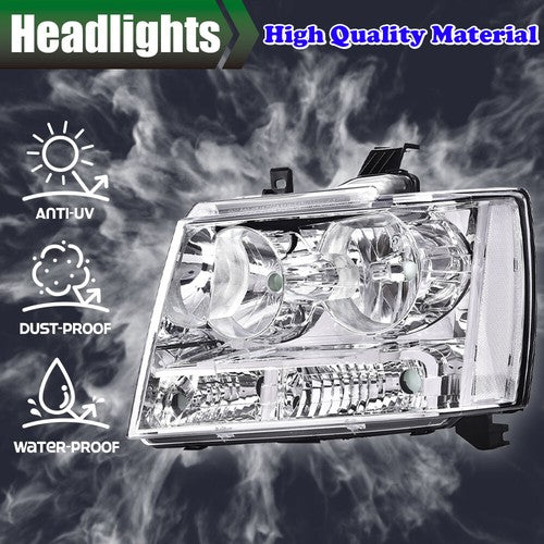 Solid Spare Fit For 2007-2014 Avalanche Tahoe Suburban Clear Lens Chrome Headlights Assembly