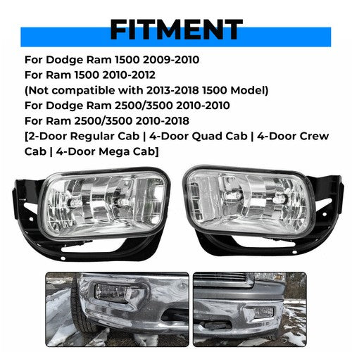 Solid Spare FOR 09-12 18 Dodge Ram 1500 2500 3500 Bumper Fog Lights Driving Lamps w/Bracket