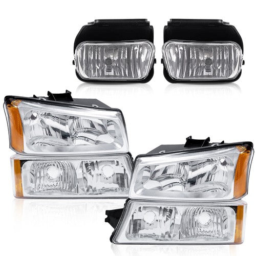 Solid Spare Amber/Chrome Headlights+Fog Lights Fit For 2003-2007 Chevy Silverado Avalanche