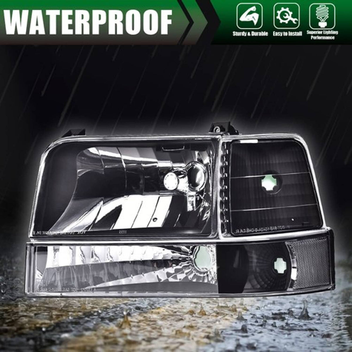 Solid Spare Fit For 1992-1996 Ford F150 F250 F350 Bronco Clear Black Headlights Bumper Lamps