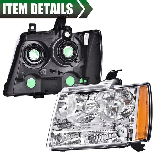 Solid Spare Headlights Assembly Fit For 07-14 Chevy Tahoe Suburban Avalanche Chrome Amber