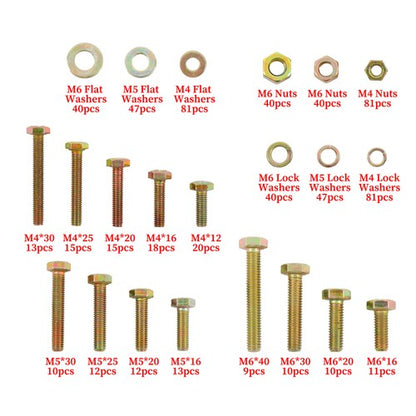 Solid Spare 672Pack M4 M5 M6 Alloy Steel Nuts Flat and Bolts & Lock Washers Assortment Kit