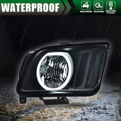 Solid Spare Fit For 2005-2009 Ford Mustang Black/Smoke LED DRL Halo Headlights Lamps Pair