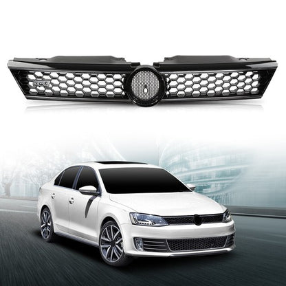 Solid Spare Fit For 2010-2014 VW Jetta Hex Front Bumper Upper Grille Grill w/ Chrome Trim