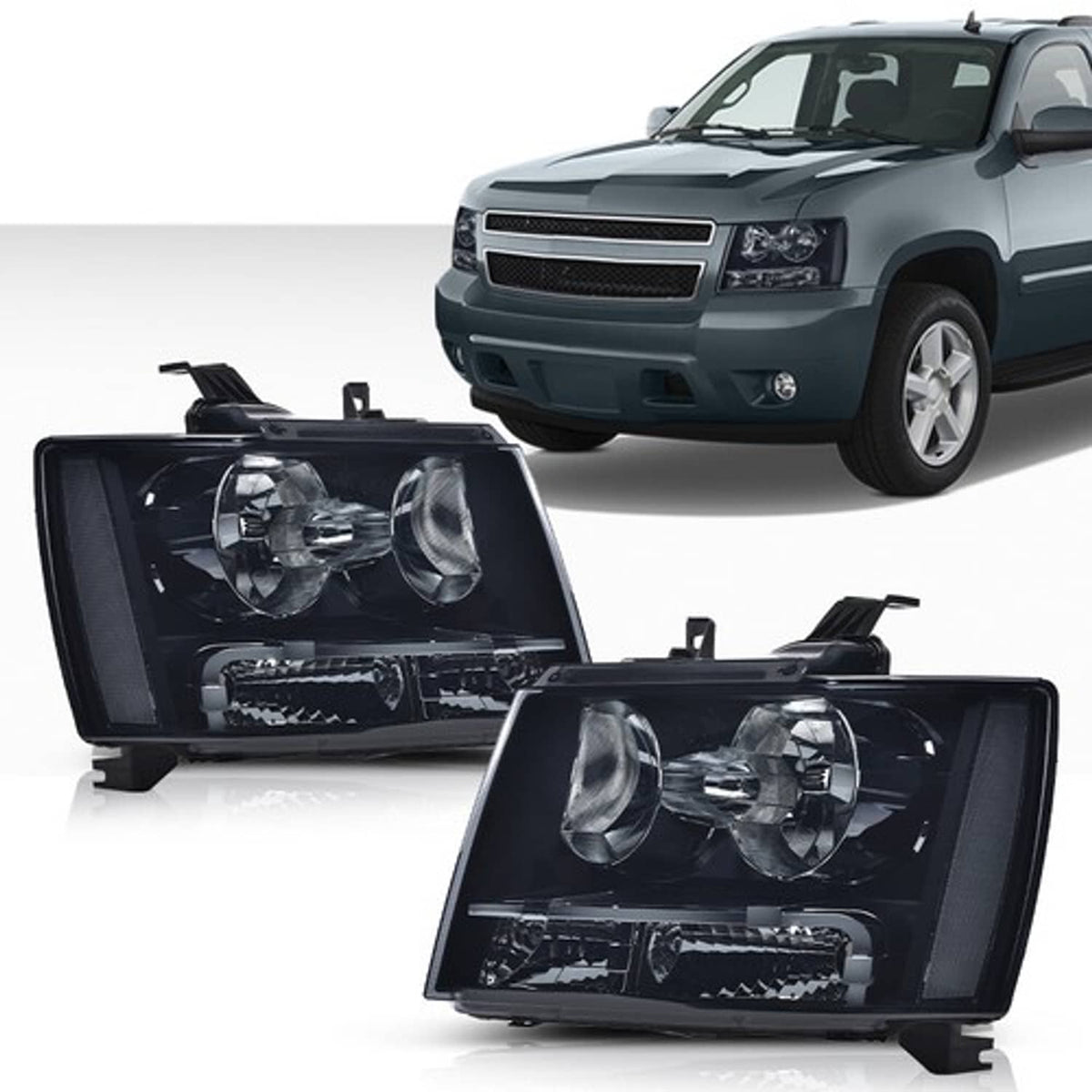 Solid Spare Fit For 07-14 Chevy Avalanche Tahoe Suburban Clear Corner Smoke Lens Headlights
