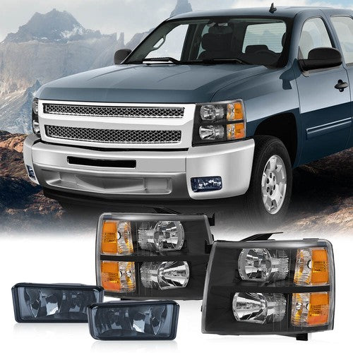 Solid Spare FIT FOR 07-13 CHEVY SILVERADO LEFT+RIGHT HEADLIGHTS +SMOKED FOG LAMPS BLACK
