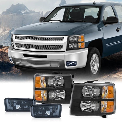 Solid Spare FIT FOR 07-13 CHEVY SILVERADO LEFT+RIGHT HEADLIGHTS +SMOKED FOG LAMPS BLACK