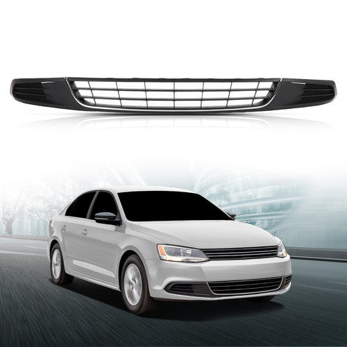 Solid Spare Fit For 10-14 VW Jetta Front Bumper Lower Grille w/ Chrome Trim+Fog Light Cover
