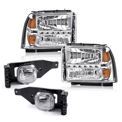 Solid Spare LED DRL Headlights Chrome+Fog Lights Fit For 05-07 Ford F-250 F-350 Super Duty