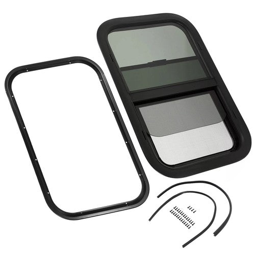 Solid Spare 24" x 15" For Camper Cargo Trailer Slider RV Window W/ Trim Ring Screen Black