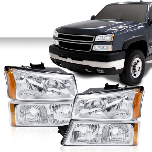 Solid Spare Chrome Housing Headlight Amber Signal+Bumper Fit For 03-07 Silverado/Avalanche