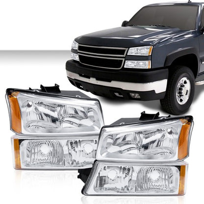 Solid Spare Chrome Housing Headlight Amber Signal+Bumper Fit For 03-07 Silverado/Avalanche