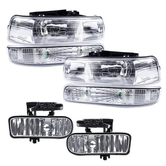 Solid Spare Fit For 99-02 Silverado/00-06 Suburban Chrome Clear Headlights + Fog Lights