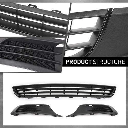 Solid Spare Fit For 11-14 Volkswagen Jetta Front Lower Bumper Grille + Fog Light Covers