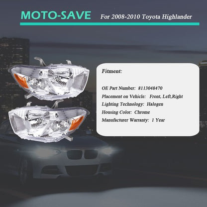 Solid Spare Headlight Headlamps Assembly Fit For Toyota Highlander 2008-2010 LH+RH Side Pair