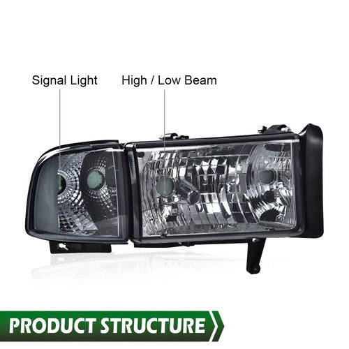 Solid Spare Fit For 94-02 Dodge Ram 1500 2500 3500 Smoke Lens Clear Corner Headlights