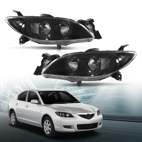 Solid Spare Fit For 2004-2009 Mazda 3 4-Door Sedan Clear Black Halogen Projector Headlights