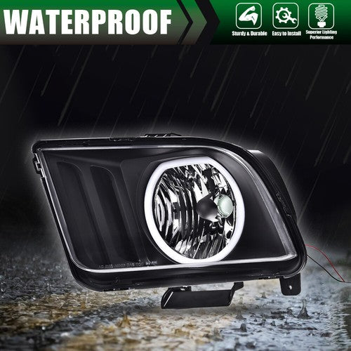 Solid Spare LED DRL Halo Headlights Assembly Fit For 2005-2009 Ford Mustang Black Headlamps