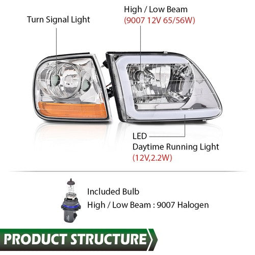 Solid Spare Clear LED DRL Headlights+Corner Lights Fit For 97-03 Ford F150/99-02 Expedition