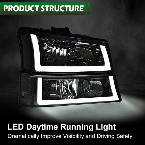 Solid Spare Clear/Chrome Headlights W/ LED DRL Fit For 2003-2006 Chevy Silverado/Avalanche
