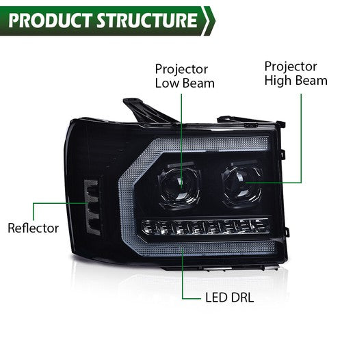 Solid Spare Fit For 07-2013 GMC Sierra 1500 2500HD LED DRL Tube Projector Smoked Headlights