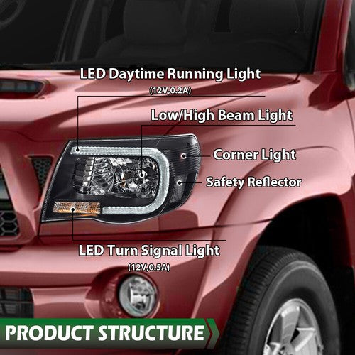 Solid Spare Fit For 2005-2011 Toyota Tacoma Black LED Tube DRL Headlights Headlamps Pair