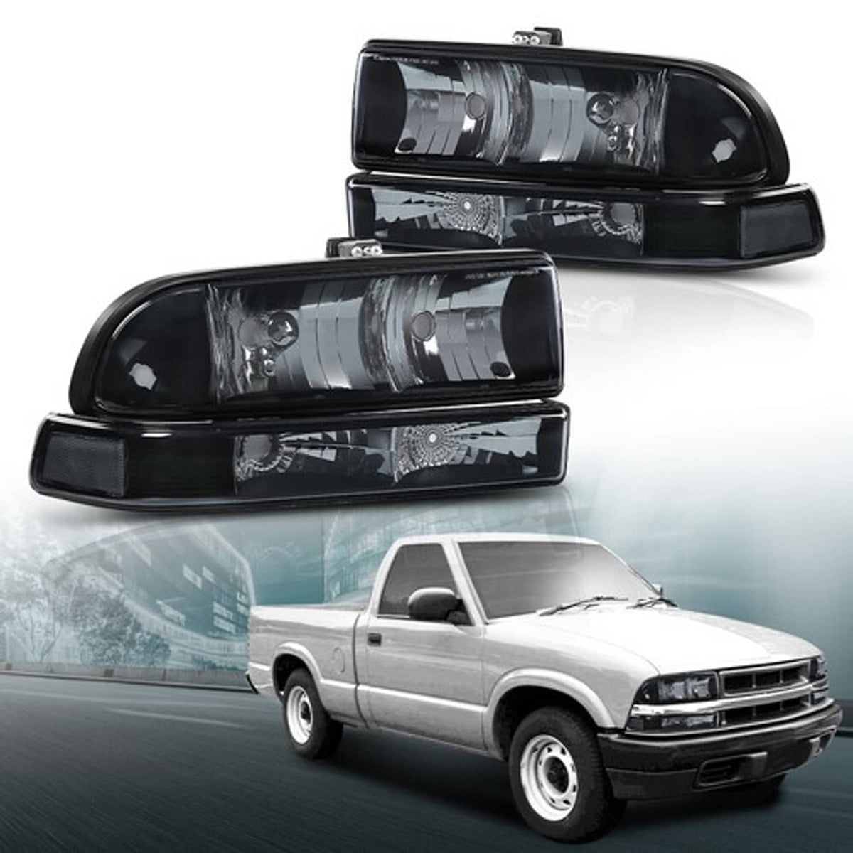 Solid Spare Fit For 98-04 Chevy S10 Blazer Black/Clear Corner Headlights Bumper Headlamps