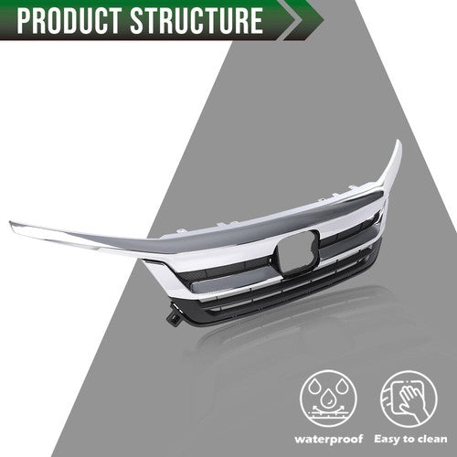 Solid Spare Fit For 19-21 Honda Pilot Front Bumper Upper Grille Grill w/ Chrome Trim