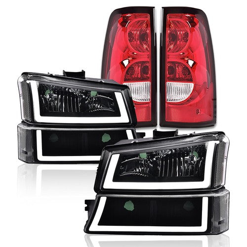 Solid Spare LED Tube Clear Black Headlights+Red Tail Lights Fit For 03-2006 Chevy Silverado