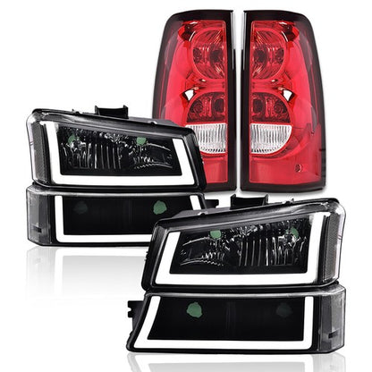 Solid Spare LED Tube Clear Black Headlights+Red Tail Lights Fit For 03-2006 Chevy Silverado
