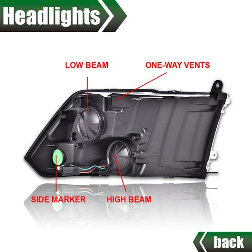 Solid Spare Fit For 2009-2018 Ram 1500 2500 3500 Black Housing Clear Corner Headlights Pair