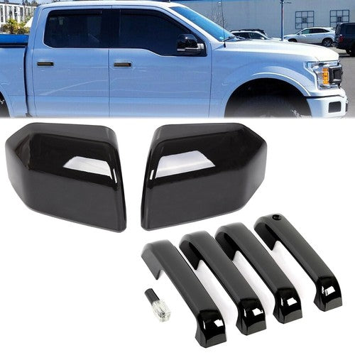 Solid Spare For 2015-2020 Ford F150 GLOSS BLACK Top Half Mirror + Door Handle Covers F-150