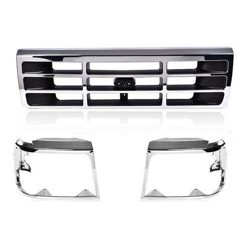 Solid Spare Fit For 1992-1996 Ford F150 F250 F350 Bronco Grille Headlight Bezel Kit Chrome