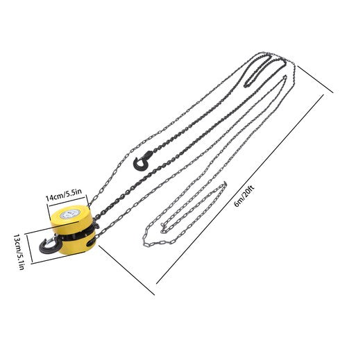 Solid Spare 1 Ton / 2200lbs Hand Chain Hoist Steel 20ft / 6m Lift 360° Swivel Hook G60