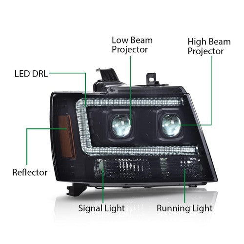 Solid Spare Fit For 07-14 Chevy Avalanche Tahoe Suburban Dual LED Projector Headlights