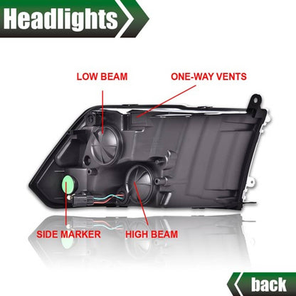 Solid Spare Fit For 09-18 Ram 1500 2500 3500 Black Housing Clear Corner Headlights Headlamps