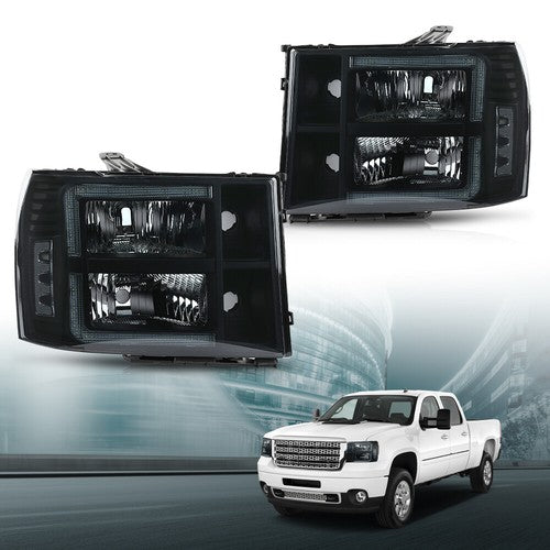 Solid Spare Fit For 07-14 GMC Sierra 1500 2500 3500 Smoke Lens LED Tube DRL Headlights