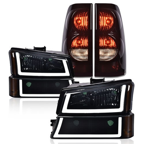 Solid Spare Fit For 03-2006 Chevrolet Silverado LED Tube Smoke Black Headlights+Tail Lights