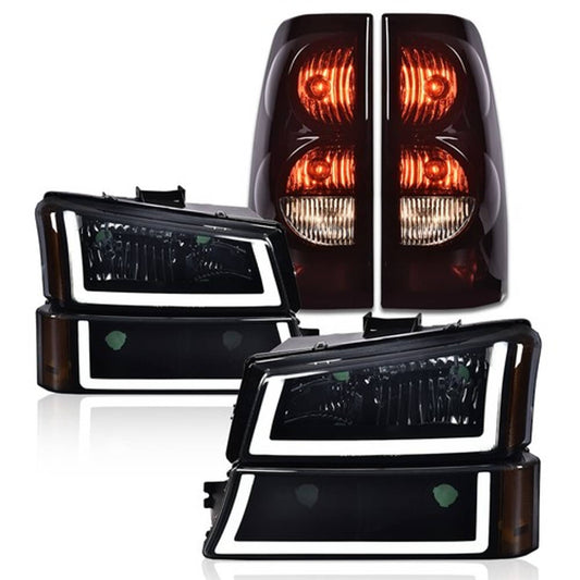 Solid Spare Fit For 03-2006 Chevrolet Silverado LED Tube Smoke Black Headlights+Tail Lights
