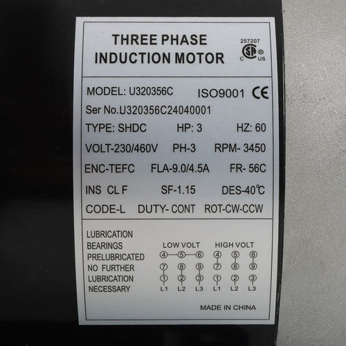 Solid Spare 3450RPM 3HP General Purpose Three Phase Motor 230V/460V CW/CCW TEFC 2Pole 60HZ