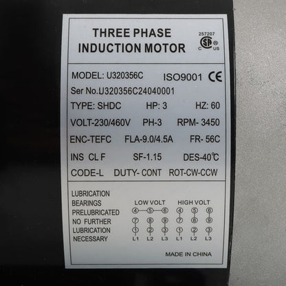 Solid Spare 3450RPM 3HP General Purpose Three Phase Motor 230V/460V CW/CCW TEFC 2Pole 60HZ