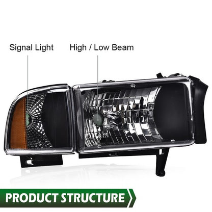 Solid Spare Amber Corner Black Headlights Assembly Fit For 94-02 Dodge Ram 1500 2500 3500