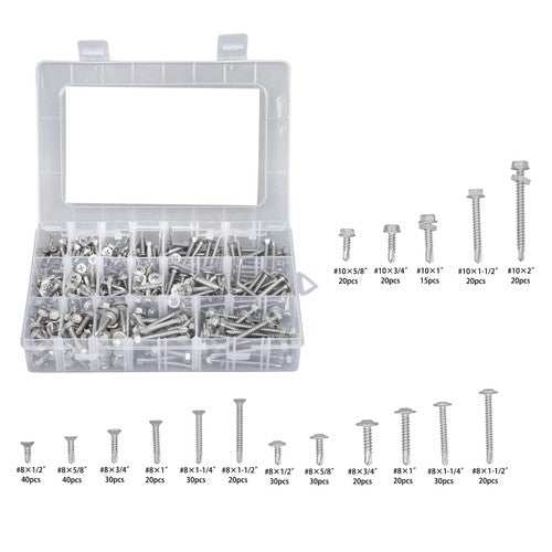 Solid Spare 425PC 410 Stainless Steel Self-Tapping Screws #8 #10 Self-Drilling Set