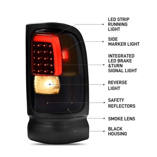 Solid Spare Smoke/Black LED Tube Brake Tail Lights For 1994-2001 Dodge Ram 1500 2500 3500