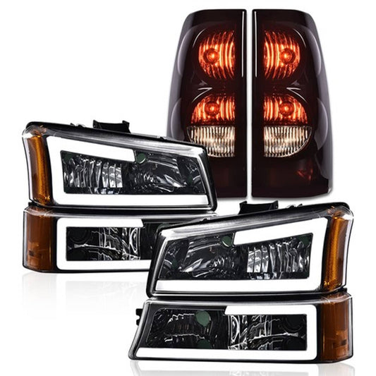 Solid Spare Fit For 2003-2007 Silverado Chrome/Amber LED DRL Headlights + Tail Lights Lamps